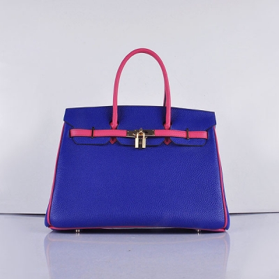 Hermes 6089 Birkin 35CM Tote Bags Navy Blue and Pink Leather Gol