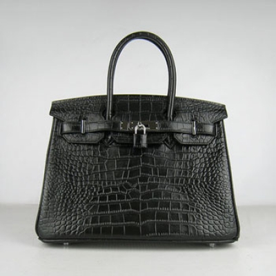 Hermes Birkin 30Cm Crocodile Stripe Handbags Black Silver