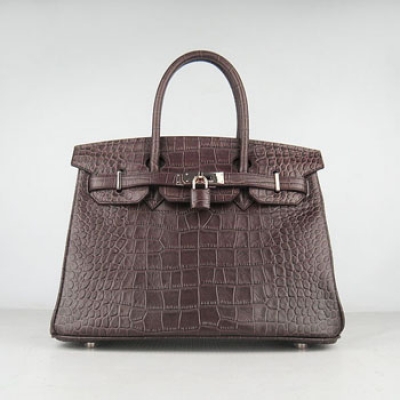 Hermes Birkin 30Cm Crocodile Stripe Handbags Dark Coffee Gold