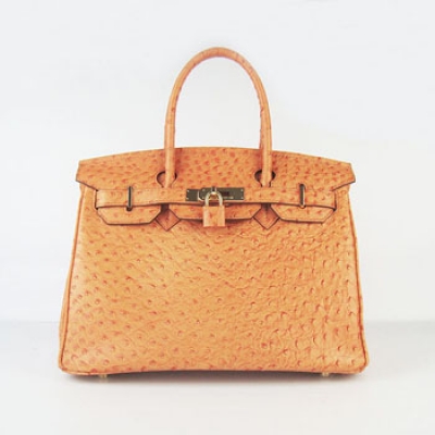 Hermes Birkin 30Cm Ostrich Stripe Handbags Orange Gold