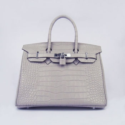 Hermes Birkin 30Cm Crocodile Stripe Handbags Grey Silver