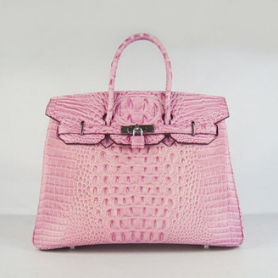 Hermes Birkin 35Cm Crocodile Head Stripe Handbags Pink Silver