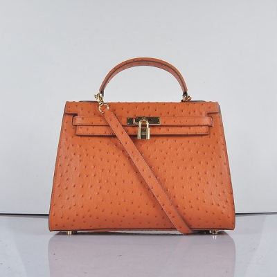 Hermes Kelly 32Cm Ostrich Stripe Tote Leather Handbags Orange Go