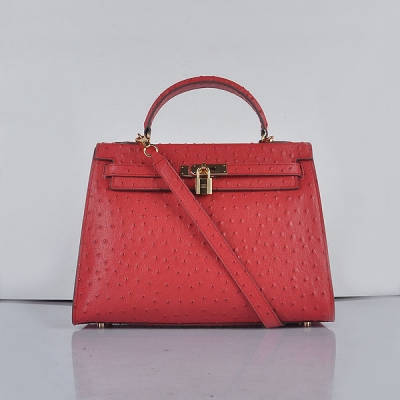 Hermes Kelly 32Cm Ostrich Stripe Tote Leather Handbags Red Gold