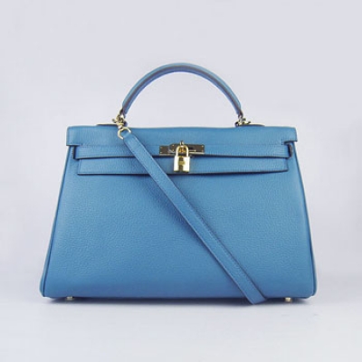 Hermes Kelly 35Cm Togo Leather Handbag Blue/Gold